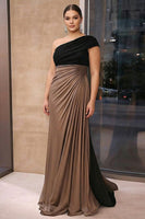 Load image into Gallery viewer, Black Brown Plus Size Sheath One Shoulder Floor Length Gala Dress