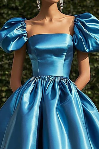 Ball Gown Blue Satin Square Neck Tea Length Gala Dress