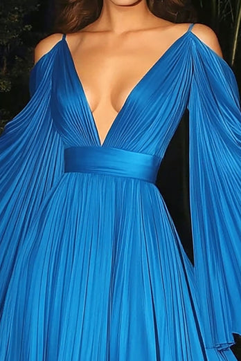 Blue Deep V Neck Chiffon A Line Gala Dress with Flutter Sleeves