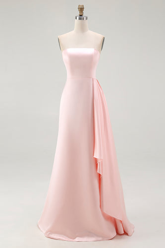 Elegant Pink Mermaid Strapless Satin Ruffled Long Gala Dress
