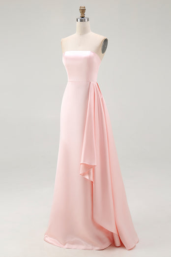 Elegant Pink Mermaid Strapless Satin Ruffled Long Gala Dress