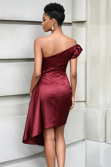 Bodycon Burgundy One Shoulder Satin Short Gala Dress