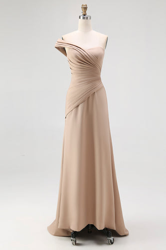 Light Khaki Sheath One Shoulder Ruched Gala Dress