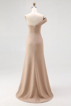 Light Khaki Sheath One Shoulder Ruched Gala Dress