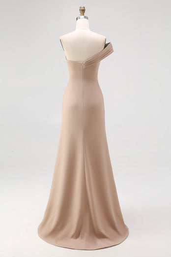 Light Khaki Sheath One Shoulder Ruched Gala Dress
