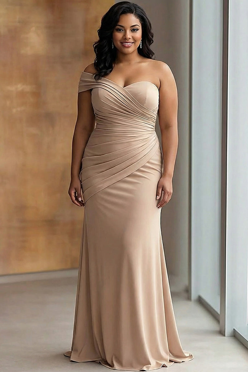 Load image into Gallery viewer, Plus Size Light Khaki Sheath One Shoulder Ruched Gala Dress