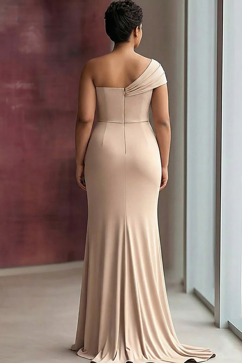 Load image into Gallery viewer, Plus Size Light Khaki Sheath One Shoulder Ruched Gala Dress