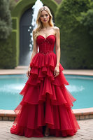 Load image into Gallery viewer, Sparkly Red A Line Tiered Long Tulle Prom Dress