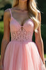 Load image into Gallery viewer, Pink V-Neck A Line Tiered Long Prom Dress with Lace Appliques