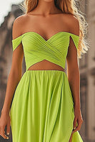 Load image into Gallery viewer, Lemon Green A-Line Off the Shoulder Ruched Chiffon Prom Dress