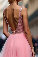 Load image into Gallery viewer, Sparkly Pink V-Neck A Line Long Tulle Prom Dress with Sequins