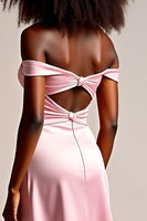 Load image into Gallery viewer, Pink Off the Shoulder Sheath Long Satin Prom Dress
