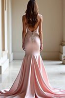 Load image into Gallery viewer, Pink Mermaid Long Satin Prom Dress with Appliques