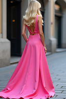 Load image into Gallery viewer, 2 Pieces Fuchsia A Line V-Neck Long Satin Prom Dress