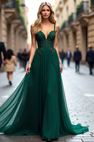 Load image into Gallery viewer, Dark Green A Line Tulle Long Prom Dress with Lace