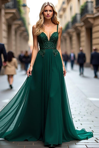 Dark Green A Line Tulle Long Prom Dress with Lace