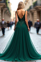 Load image into Gallery viewer, Dark Green A Line Tulle Long Prom Dress with Lace
