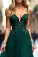 Load image into Gallery viewer, Dark Green A Line Tulle Long Prom Dress with Lace