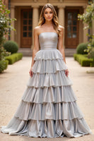 Load image into Gallery viewer, Silver A Line Strapless Ball Gown Tiered Long Prom Dress