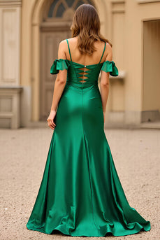 Dark Green Mermaid Cold Shoulder Long Satin Prom Dress with Slit