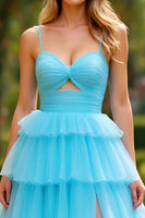 Load image into Gallery viewer, Blue A Line Ball Gown Keyhole Tiered Long Prom Dress with Slit