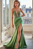 Load image into Gallery viewer, Green Satin Spaghetti Straps Long Prom Dress with Lace