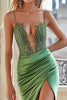 Load image into Gallery viewer, Green Satin Spaghetti Straps Long Prom Dress with Lace