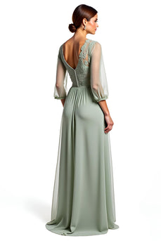 A Line Dusty Sage Long Appliques Bridesmaid Dress with Half Sleeves