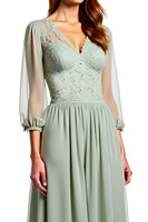 Load image into Gallery viewer, A Line Dusty Sage Long Appliques Bridesmaid Dress with Half Sleeves