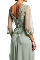 Load image into Gallery viewer, A Line Dusty Sage Long Appliques Bridesmaid Dress with Half Sleeves