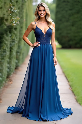 Chiffon Dark Blue A Line Long Bridesmaid Dress with Appliques