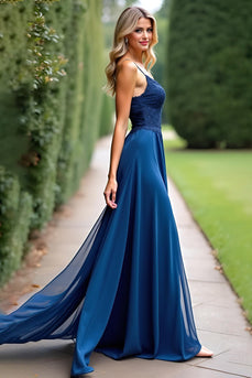 Chiffon Dark Blue A Line Long Bridesmaid Dress with Appliques