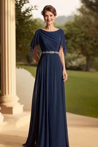 Navy Scoop Neck Long A Line Cape Mother of the Bride Dress