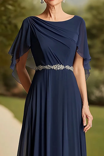 Navy Scoop Neck Long A Line Cape Mother of the Bride Dress