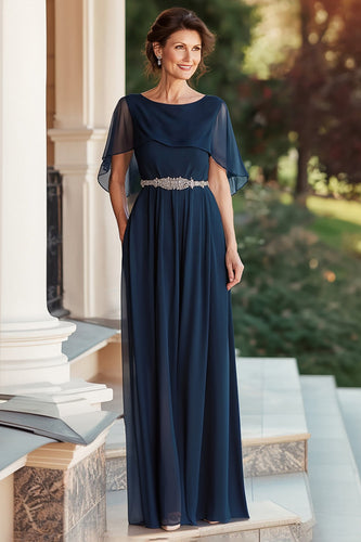 Navy Cape Scoop Neck Long Mother of the Bride Dress