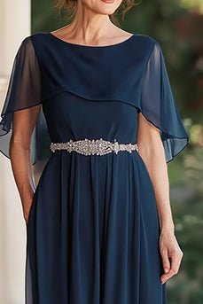 Navy Cape Scoop Neck Long Mother of the Bride Dress