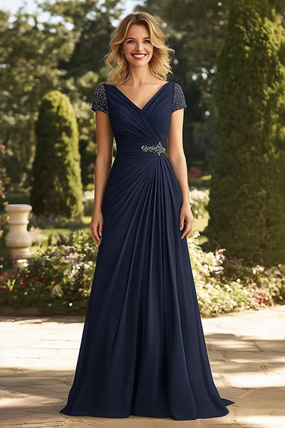 Navy V-Neck A Line Ruched Long Mother of the Bride Dress with Beading