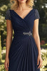 Load image into Gallery viewer, Navy V-Neck A Line Ruched Long Mother of the Bride Dress with Beading