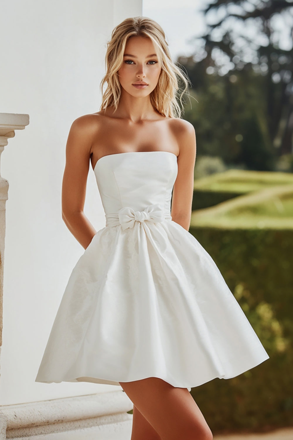 White Strapless A Line Graduation Dress with Bowknot