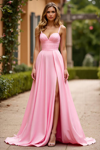 Pink Satin A Line Long Prom Dress with Slit