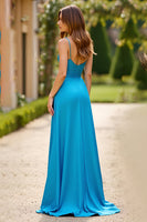 Load image into Gallery viewer, Blue Spaghetti Straps A Line Long Prom Dress with Slit