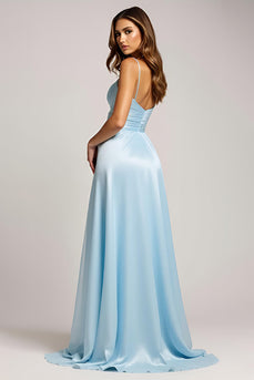 Sky Blue A Line Spaghetti Straps Long Satin Prom Dress with Slit