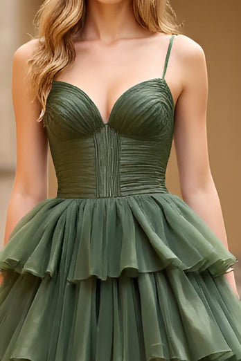 Ball Gown Olive Tiered Long Tulle Prom Dress with Slit