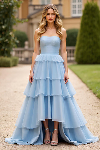 Sky Blue Strapless A Line Long Tiered Prom Dress with Ruffles