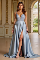 Load image into Gallery viewer, A Line Dusty Blue Satin Long Prom Dress with Slit