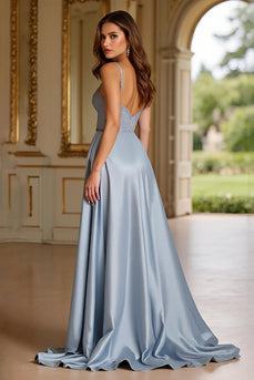A Line Dusty Blue Satin Long Prom Dress with Slit