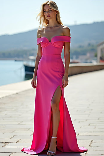 Fuchsia Off the Shoulder Mermaid Long Satin Prom Dress with Slit