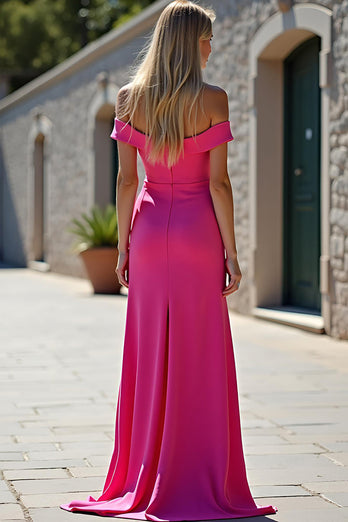Fuchsia Off the Shoulder Mermaid Long Satin Prom Dress with Slit