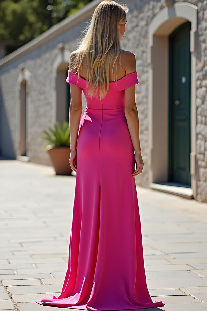 Load image into Gallery viewer, Fuchsia Off the Shoulder Mermaid Long Satin Prom Dress with Slit