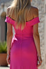 Load image into Gallery viewer, Fuchsia Off the Shoulder Mermaid Long Satin Prom Dress with Slit
